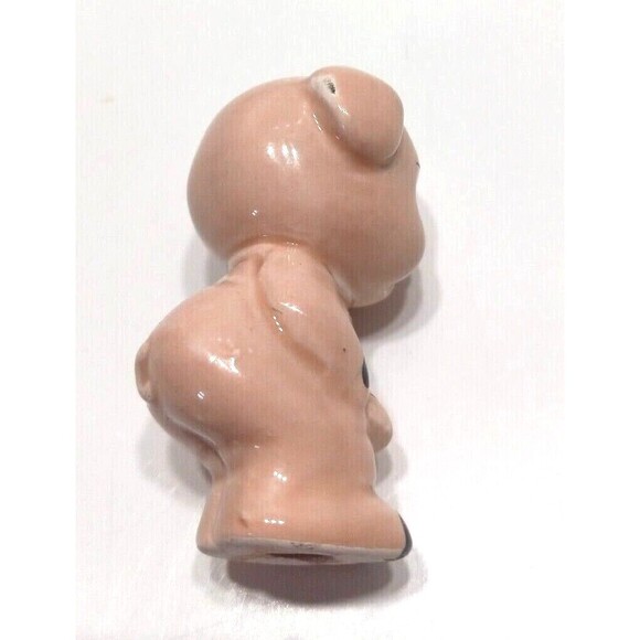Porcelain Pink Pig Figurine 2 Inch Vintage Collectible Big Eyes One Ear Up Happy - Picture 3 of 10